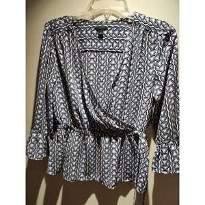 Ann Taylor Factory Blue Patterned Blouse Wrap Style Top Small
